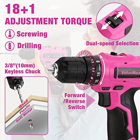 ValueMax Home Tool Kit with Drill, 233-Pieces Pink Tool Set with 12V Cordless Lithium-ion Drill, Power Tool Set with Wide Mouth Open Storage Bag, ValueMax