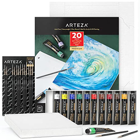 Arteza Acrylic Painting Art Set, 12 Colors Acrylic Paint, 15 Detail Brushes and 7x8.6 Inches Foldable Canvas Paper Pad Bundle, Art Supplies for ARTEZA