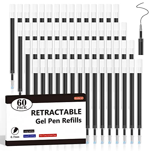 Retractable Gel Pen Refills, Shuttle Art 60 Pack Black Rollerball Gel Ink Pens Refills, Bulk Set, 0.7mm Fine Point for Writing Journaling Taking - WoodArtSupply