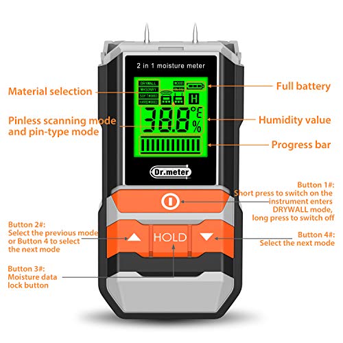 Dr.meter Wood Moisture Meter, 2 in 1 Pin & Pinless Moisture Tester, Digital Dampness Moisture Sensor Detector for Wood Firewood Drywall Paper Floor - WoodArtSupply