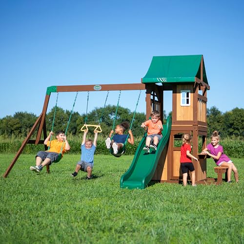 Backyard Discovery Lakewood Cedar Wood Swing Set, Covered Upper Deck with White Trim Window, Slide with Rails, Lower Fort Area with Door and Attached Backyard Discovery
