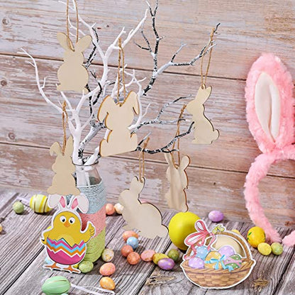 36 Pieces Easter Wood Bunny Cutouts Unfinished Wooden Rabbit Cutouts Blank Bunny Shape Slices Hanging Ornament Craft Tags with Hole Ropes for Easter