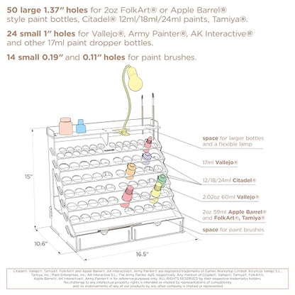 Plydolex Wooden Paint Organizer for 74 Bottles of Paints and 14 Paint Brushes - Paint Rack Organizer with 2 Cabinets for Art Tools and 6 Miniature - WoodArtSupply