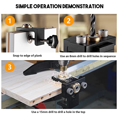 3 in 1 Dowel Jig Drill Kit,Hizmivos Woodworking Dowel Drilling Guide Set with 8/10/15mm Hole Dowel Pins,Adjustable Pocket Hole Jig Kit with Hizmivos