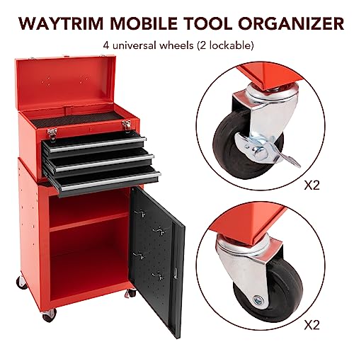 WAYTRIM 3-Drawer Rolling Tool Chest with Wheels, Tool Chest with Large Storage Cabinet and Adjustable Shelf, Removable Portable Top Box with Locking WAYTRIM