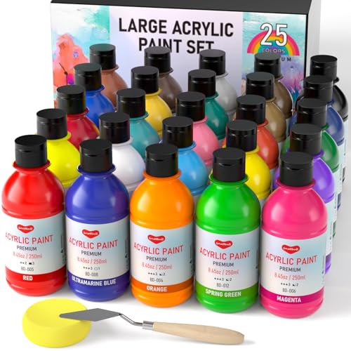 Smallbudi 25 Colors Large Acrylic Paint Set (16.9 oz, 250 ml) Art Painting Bulk Supplies Non Toxic for Kid & Adult, Drawing on Multi Surface Canvas Smallbudi