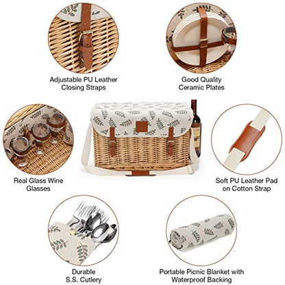 WILLOW WEAVE Picnic Basket with Table, Wine Picnic Basket Set 4, Wicker Picnic Basket for 4, Willow Hamper Service Gift Set with Blanket & Portable - WoodArtSupply