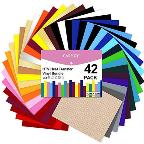 CAREGY HTV Heat Transfer Vinyl Bundle: 42 Pack 12" x 10" Sheets Iron on Vinyl, 30 Assorted Colors, Heat Transfer Vinyl for DIY T-Shirt CAREGY