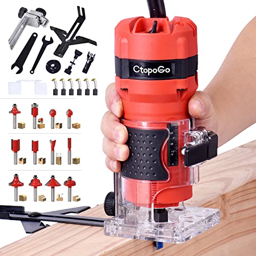Compact Router Tool, 800W Wood Palm Router Tool for Woodworking, Hand Wood Trimmer Wood Router with 12PCS 1/4" Router Bits CtopoGo
