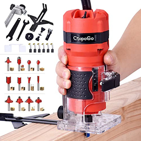 Compact Router Tool, 800W Wood Palm Router Tool for Woodworking, Hand Wood Trimmer Wood Router with 12PCS 1/4" Router Bits CtopoGo