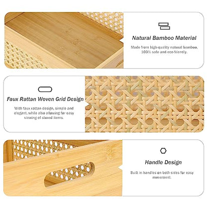 ANMINY 3 PCS Natural Bamboo Storage Bins Set Faux Rattan Frame Wicker Storage Baskets with Handles Sundry Office Drawer Desk Decorative Laundry - WoodArtSupply