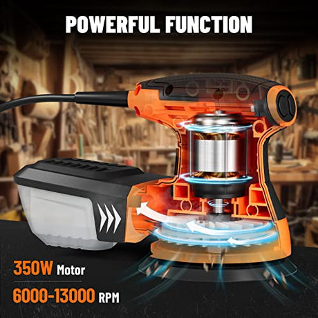 DOVAMAN ROS01A Orbital Sander, 3A Random Orbit Sander, 6 Variable Speeds, Up to 13000 rpm, 12pcs Sandpapers, 5in Sanding Pad, Dust Collection, DOVAMAN