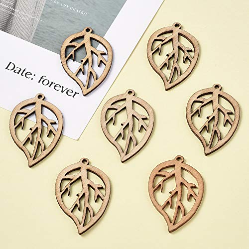 Pandahall 20Pcs Hollow Leaf Natural Wood Beads Pendants 45x28.5x2mm Unfinished Large Leaf Dangle Charms with Loop for Earring Bracelet Necklace