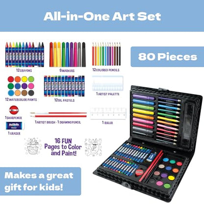 ArtSkills Mega Art Set, Arts and Crafts Supplies, Includes Colored Pencils, Stencil Letters, Markers, Watercolor Paint, Crayons, 80 Pieces