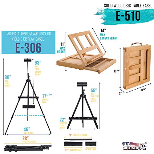 U.S. Art Supply 70-Piece Artist Watercolor Painting Set with Aluminum Field Easel, Wood Table Easel, 60 Watercolor Paint Colors, 34 Brushes, 2 US Art Supply