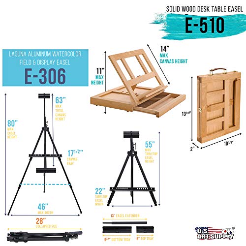 U.S. Art Supply 70-Piece Artist Watercolor Painting Set with Aluminum Field Easel, Wood Table Easel, 60 Watercolor Paint Colors, 34 Brushes, 2 - WoodArtSupply