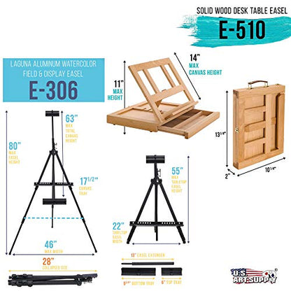 U.S. Art Supply 70-Piece Artist Watercolor Painting Set with Aluminum Field Easel, Wood Table Easel, 60 Watercolor Paint Colors, 34 Brushes, 2 - WoodArtSupply