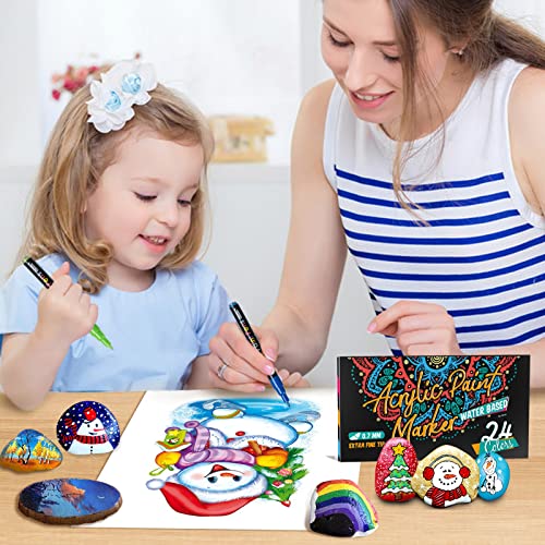 JR.WHITE Acrylic Paint Pens Paint Markers Set of 24: Extra Fine Point Acrylic Markers For Rock Painting Wood Glass Fabric Ceramic For Adults Kids Art