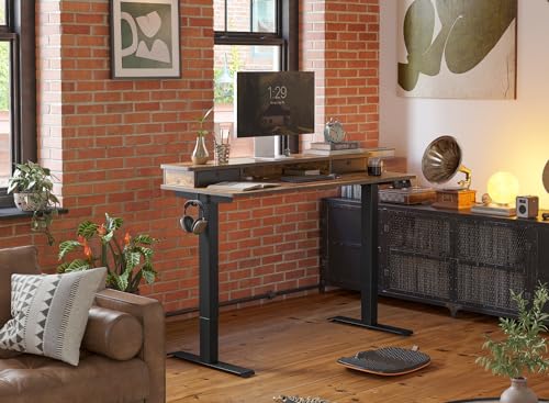 FEZIBO 55 x 24 Inch Height Adjustable Electric Standing Desk with Double Drawer, Stand Up Desk with Storage Shelf, Sit Stand Desk, Rustic Brown FEZIBO
