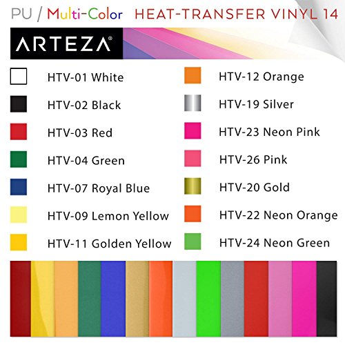 ARTEZA HTV Vinyl Bundle, 14 Multi-Color Iron On Heat Transfer Sheets, 10x12 Inches, Flexible & Easy to Weed, Use with Any Craft Cutting Machine, ARTEZA