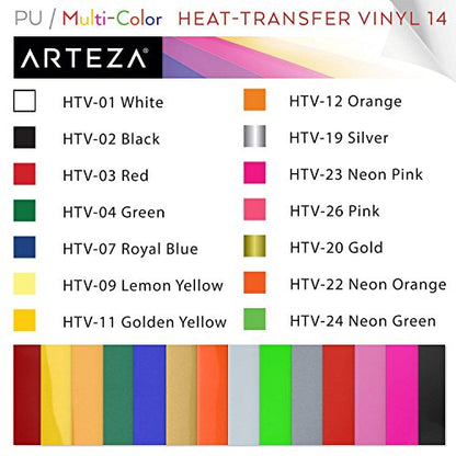 ARTEZA HTV Vinyl Bundle, 14 Multi-Color Iron On Heat Transfer Sheets, 10x12 Inches, Flexible & Easy to Weed, Use with Any Craft Cutting Machine, - WoodArtSupply