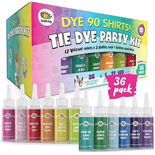 Tie Dye Party Kit for Kids & Adults - 36 Large Tye Dye Bottles with 12 Colors & Tie Dye Powder, Soda Ash, Gloves - Tie Dye Kit for Large Groups - DOODLE HOG
