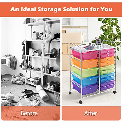 KOTEK 15-Drawer Rolling Storage Cart, Multipurpose Mobile Utility Cart with 4 Wheels, Home Office School Tools Scrapbook Paper Organizer (Multicolor) - WoodArtSupply