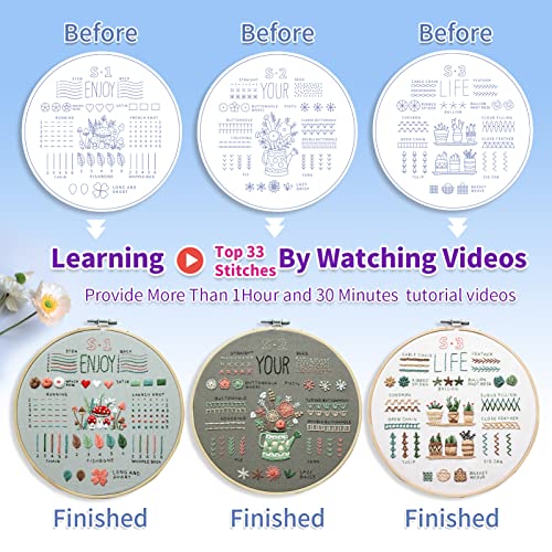 ETSPIL 3 Sets Embroidery kit for Beginners Adults，Learn 33 Different Stitches DIY Kits ，Includes Stamped Flower Pattern, Hoop, Color ETSPIL