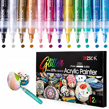 ZSCM 12 Colors Acrylic Glitter Markers Paint Pens, Rock Painting Pens Markers Metallic Art Marker for Kids Adults Card Making Painting Glass Ceramic - WoodArtSupply