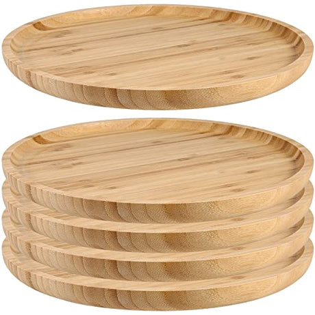 JOIKIT 5 Pack 10 Inch Bamboo Round Platter, 25cm Fine Polished Round Wood Plates Bamboo Serving Tray for Holding Fruit, Bread, Cheese, Nut, Coffee, JOIKIT