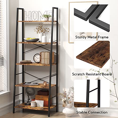 Yusong 5-Tier Industrial Ladder Bookshelf - Rustic Brown Storage Rack for Home and Office - WoodArtSupply