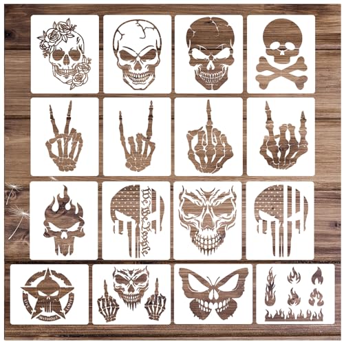Skull Stencils for Painting On Wood Flame Skeleton Hand Finger Fire Templates for Airbrushing Art Crafts Plastic Reusable Wood Burning Stencils for