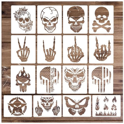 Skull Stencils for Painting On Wood Flame Skeleton Hand Finger Fire Templates for Airbrushing Art Crafts Plastic Reusable Wood Burning Stencils for - WoodArtSupply