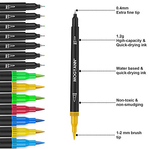 Mogyann Markers for Adult Coloring 72 Coloring Pens Dual Tip Brush Markers for Coloring Books