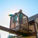 Backyard Discovery Skyfort All Cedar Swing Set, Elevated Covered Wood Roof Clubhouse with Bay Windows, 2 Belt Swings, Web Swing, 10ft Wave Slide, 5 Backyard Discovery