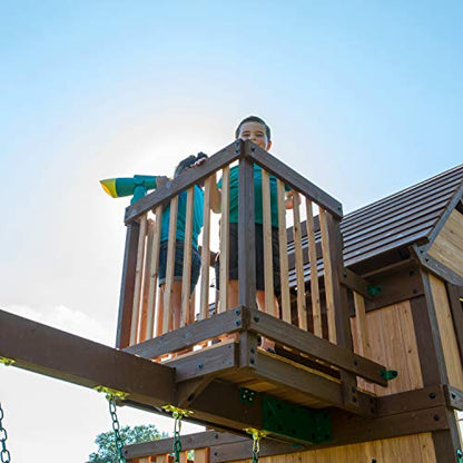 Backyard Discovery Skyfort All Cedar Swing Set, Elevated Covered Wood Roof Clubhouse with Bay Windows, 2 Belt Swings, Web Swing, 10ft Wave Slide, 5