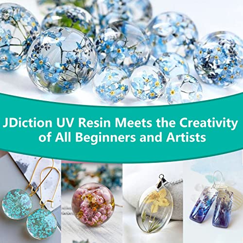 JDiction New UV Resin Kit with Light, Crystal Clear Hard Resin Sunlight Curing UV Resin Beginner Kit for Jewelry, Doming, Coating, and Casting, DIY JDiction