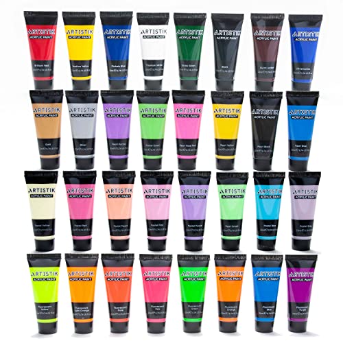 ARTISTIK Acrylic Paint Tube Set of 32-22ml Paint Tubes with 3 Brushes for Adults, Kids and Artists - Non-Toxic Artist Quality Paints for Canvas ARTISTIK