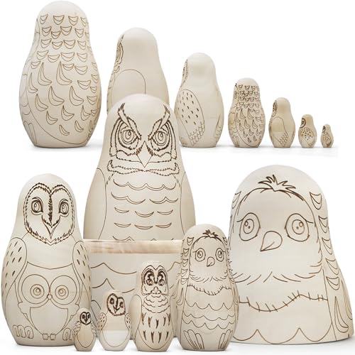 AEVVV Owl Craft Blank Russian Nesting Dolls Set 7 pcs - Unfinished Wood Crafts Paint Your Own Matryoshka Owl Figurines - Blank Owl Nesting Dolls AEVVV