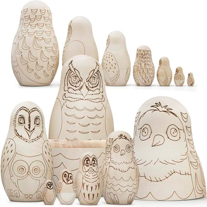 AEVVV Owl Craft Blank Russian Nesting Dolls Set 7 pcs - Unfinished Wood Crafts Paint Your Own Matryoshka Owl Figurines - Blank Owl Nesting Dolls - WoodArtSupply