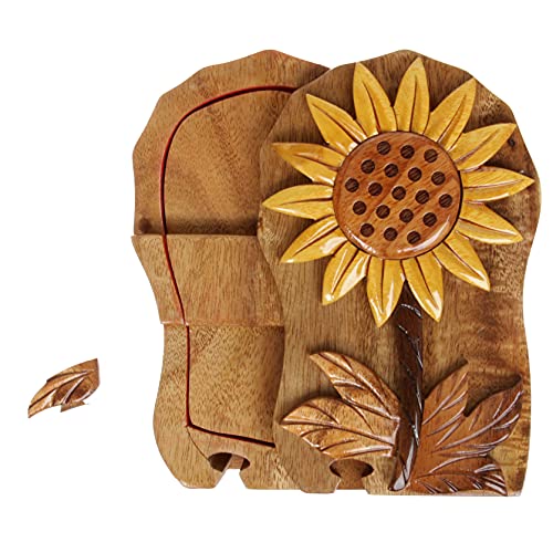 Handcrafted Wooden Sunflower Shape Secret Jewelry Puzzle Box beltiscool