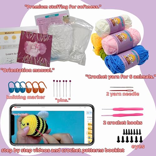 Crochet Kit for Beginners 6 Pcs: Crafts for Adults, Crochet Kit Perfect for Starters Knitting Kit Crochet Animal Kit with Video Tutorials Amigurumi