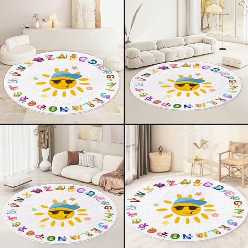 Round ABC Alphabet, Animals Educational Rug, Kids Area Rug, Washable Nursery Rug for Kids Bedroom, Non-Slip Play Mat Ultra Soft Non-Slip Carpet Fubullish