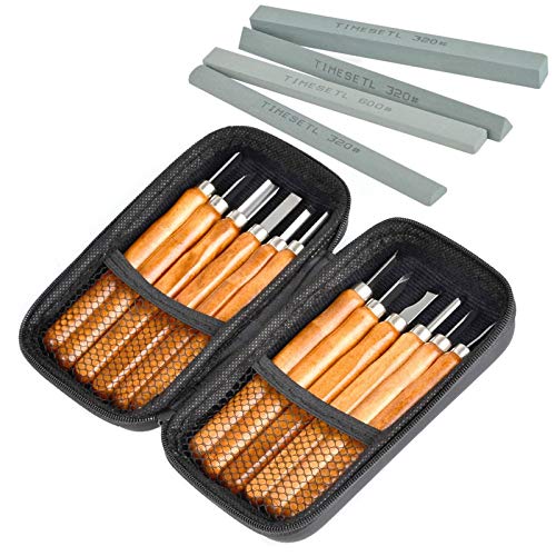 TIMESETL 17Pack Small Wood Carving Set, 12pcs Wood Carving Tools SK2 Carbon Steel + 4pcs Whetstone + 1pcs Storage Case for Beginners DIY Woodworking