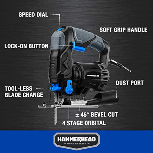 Hammerhead 4.8-Amp 3/4 Inch Jig Saw with 2pcs Wood Cutting Blades, Variable Speed and Orbital Function - HAJS048 Hammerhead
