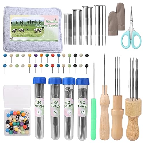 BAGERLA 118PCS Needles Felting Tool Kits, Wool Felting Tools with 80 PCS Needles Felting 3 Models Wooden Handles Large Felt Pad, 4-Sizes Felting BAGERLA