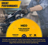 MIDO PROFESSIONAL ABRASIVE 12 Inch Miter Saw Blade 96 Teeth Circular Saw Blade 1" Arbor Table Saw Blade for Purpose Hard & Soft Wood Unique Noise MIDO Professional Abrasive