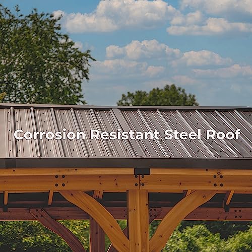 Backyard Discovery Barrington 20 ft. x 12 ft. All Cedar Wood Carport Pavilion Gazebo, Shade, Rain, Hard Top Steel Metal Roof, All Weather Protected, Backyard Discovery