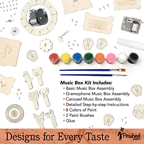 DIY Music Box Craft Kit for Kids - Wooden Construction Science Set | Build Music, Carousel, Gramophone & More | 3-in-1 STEM Building Kit | Includes Pinwheel Crafts
