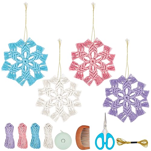 INFUNLY 4 Set DIY Macrame Snowflake Kit Boho Christmas Flower Macrame Ornaments Macrame Wall Hanging Winter Macrame Snowflake Hanging for Christmas - WoodArtSupply